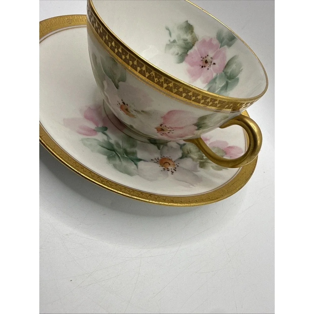 GDA France Limoges Pink Flower Teacup Coffee Cup Saucer Gold Trim Vintage France